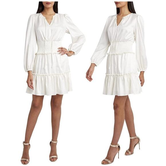 BCBGMaxAzria Cream Satin Smocked Peasant Dress - Picture 1 of 10